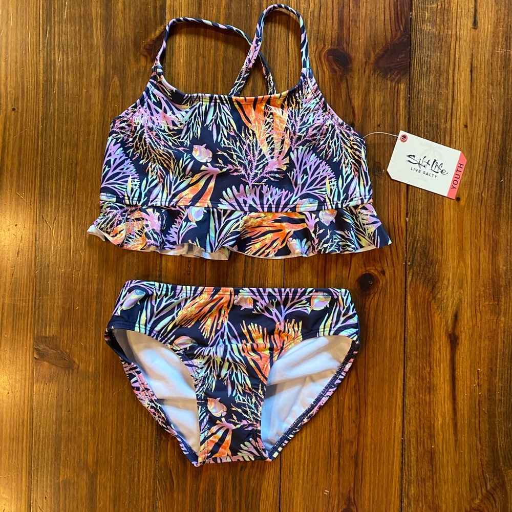 Salt Life Girl’s 2 Piece Bikini Ruffle Tropical Print Swimsuit NWT